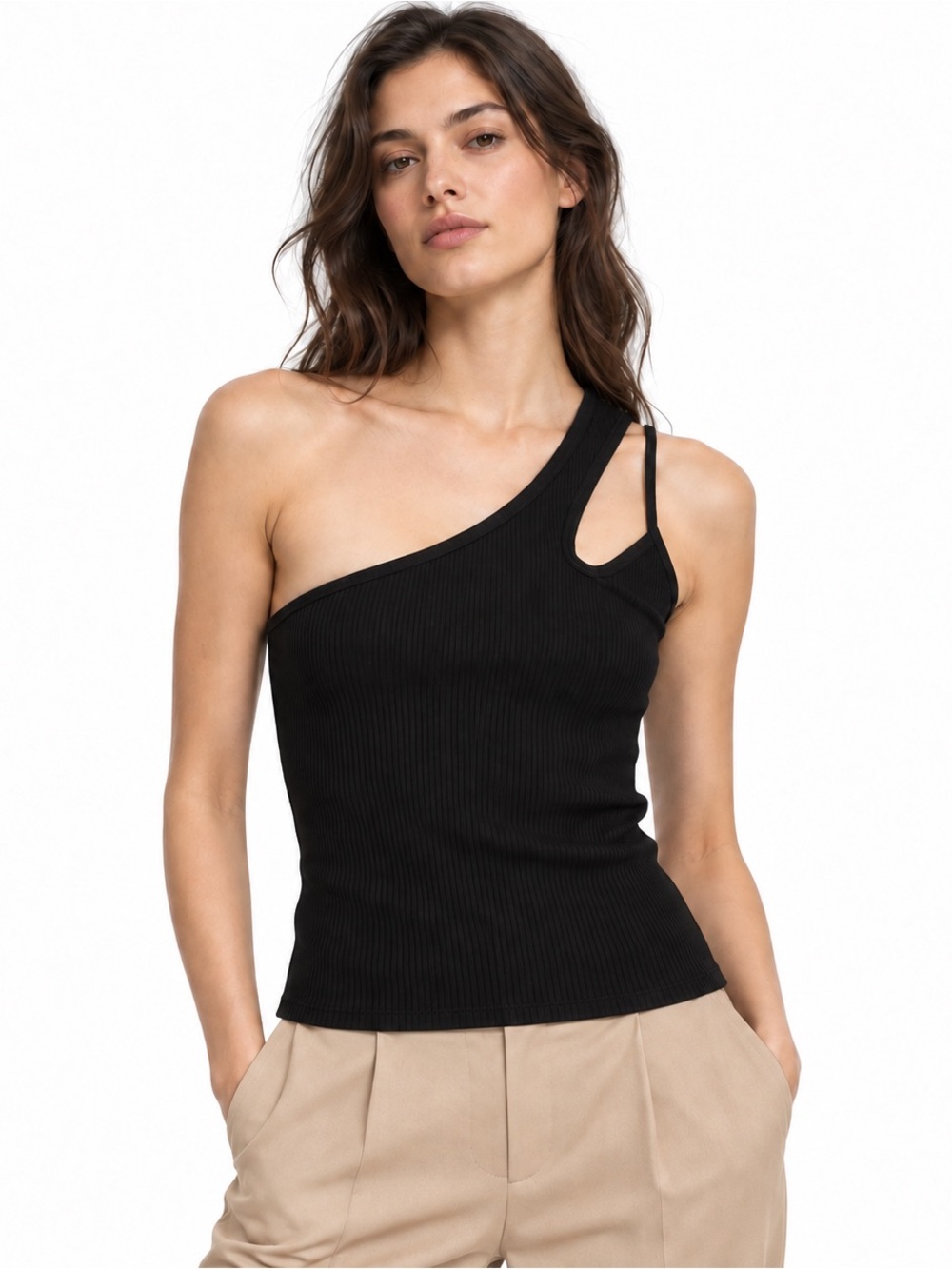 Free People Intimately Free Black One Shoulder Tank Top Cutout Medium Y2K Ribbed